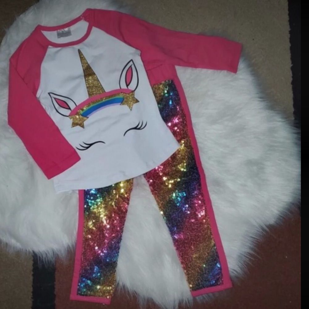 Girl’s boutique unicorn sequins matching set outfit 18-24m EUC